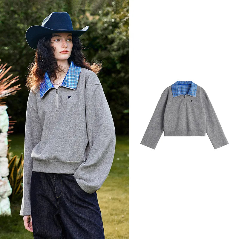 Gingham-Trim Half-Zip Sweatshirt