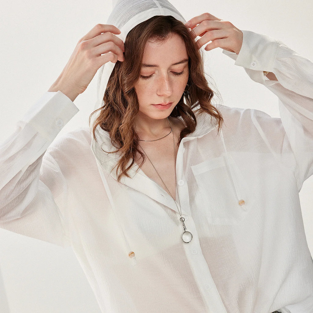 Sheer Zip-Front Hooded Shirt