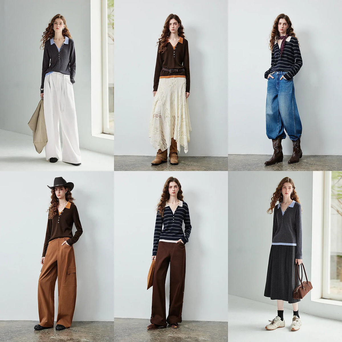 Contrast-Collar Long-Sleeve Knit Polo