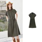 Belted Short-Sleeve Midi Shirt Dress