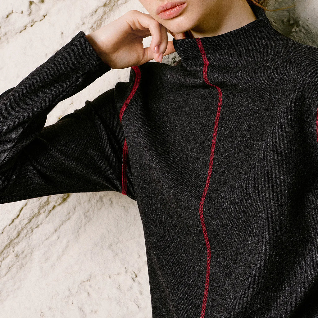 Contrast-Seam Mock-Neck Top