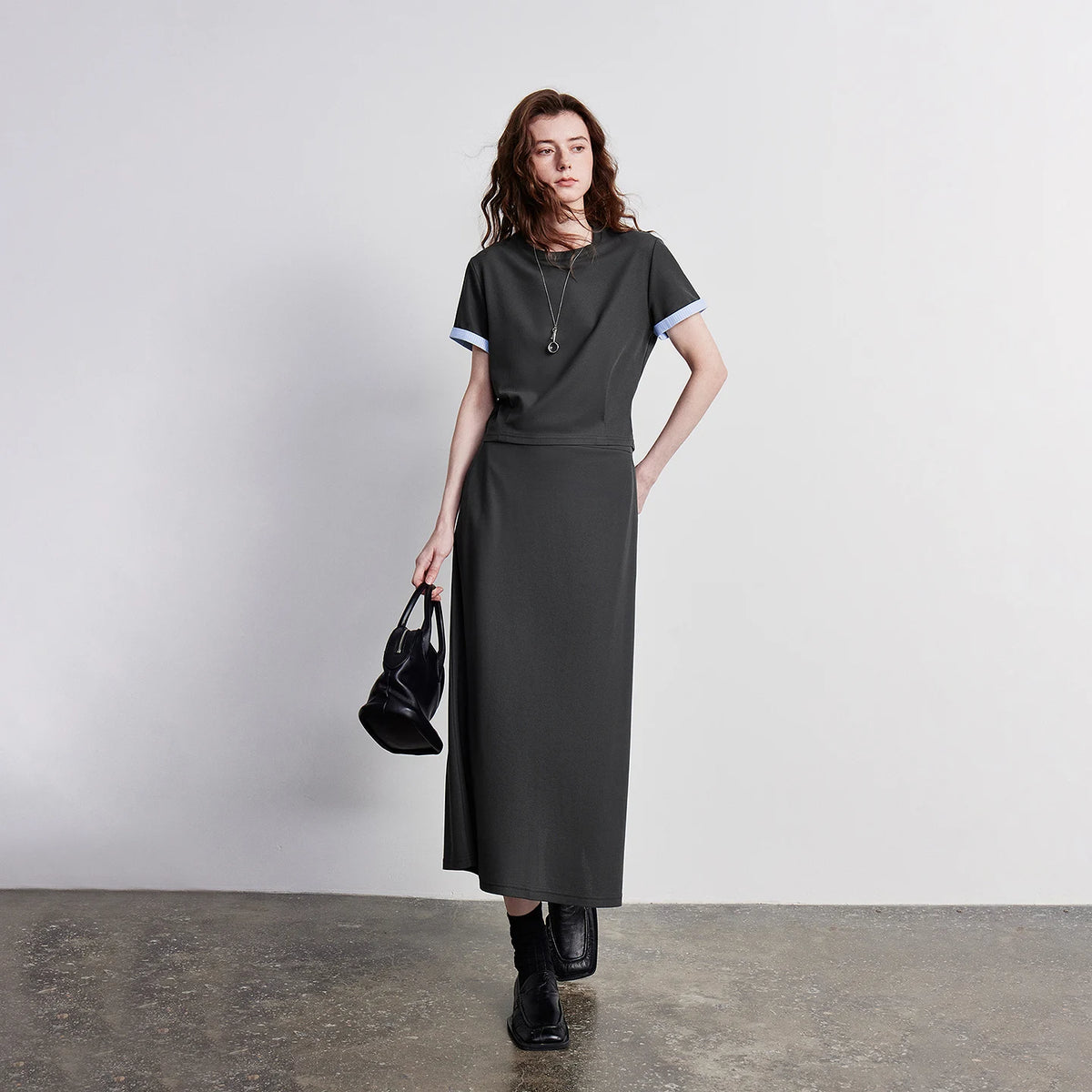 Contrast-Cuff Tee and Midi Skirt Set