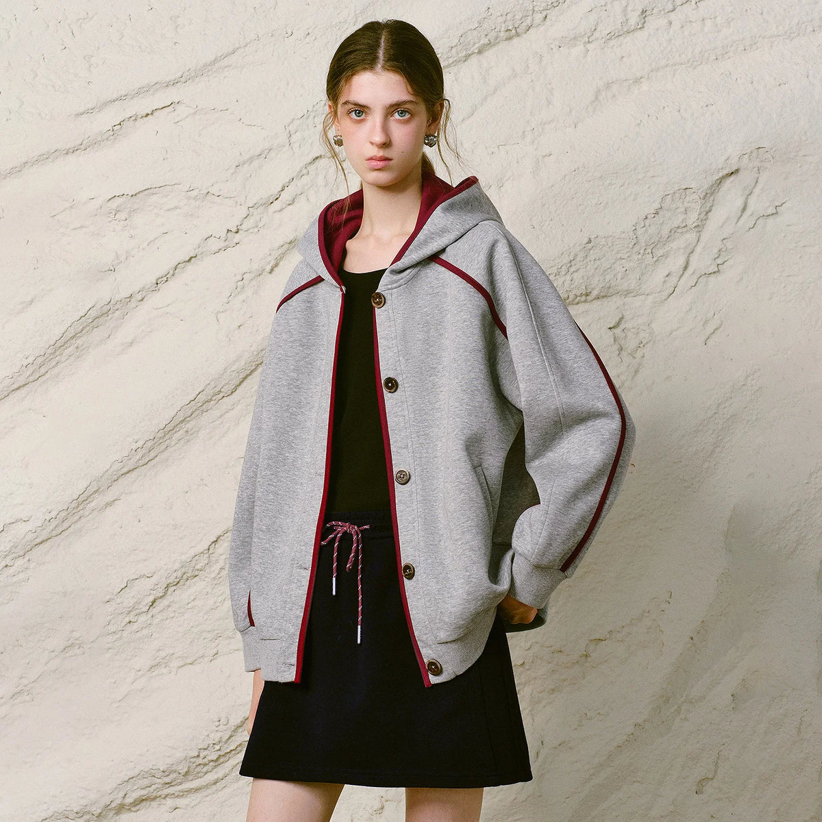 Contrast-Trim Button-Front Hoodie
