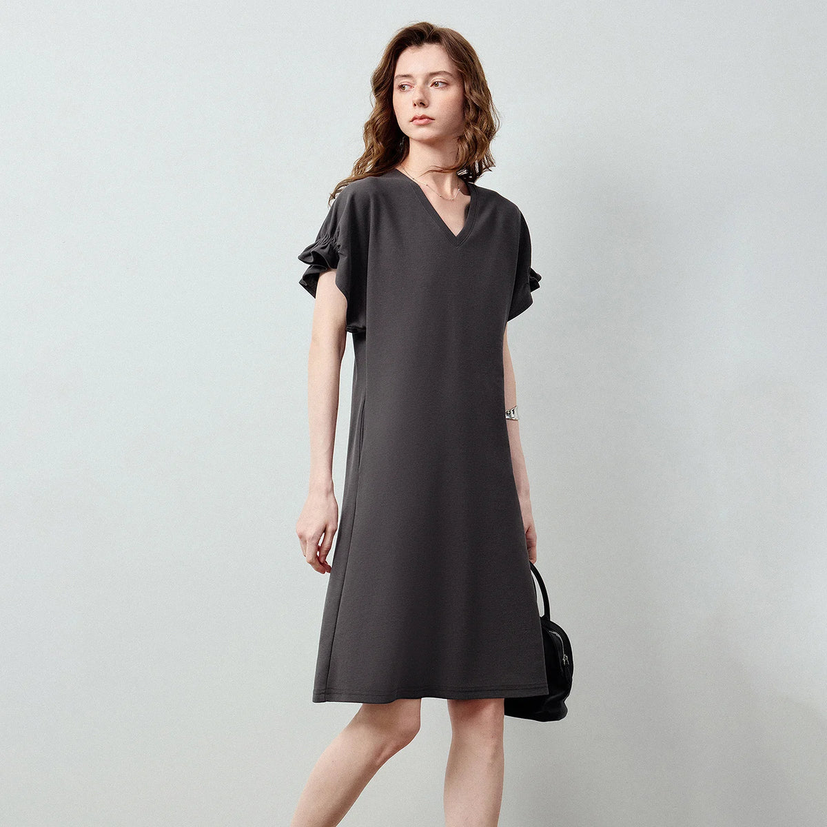 V-Neck Ruffle-Sleeve Shift Dress