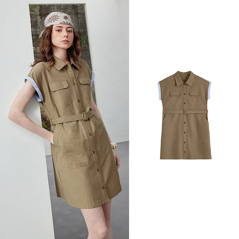 Contrast-Trim Belted Shirt Dress