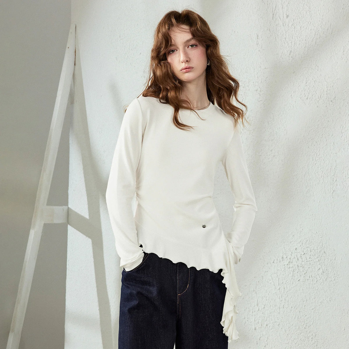 Scalloped-Hem Long-Sleeve Top