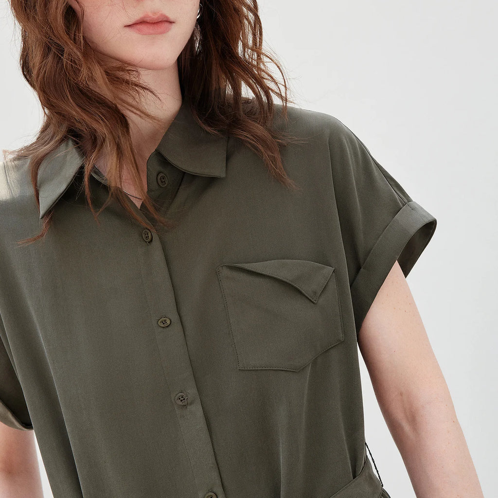 Belted Short-Sleeve Midi Shirt Dress
