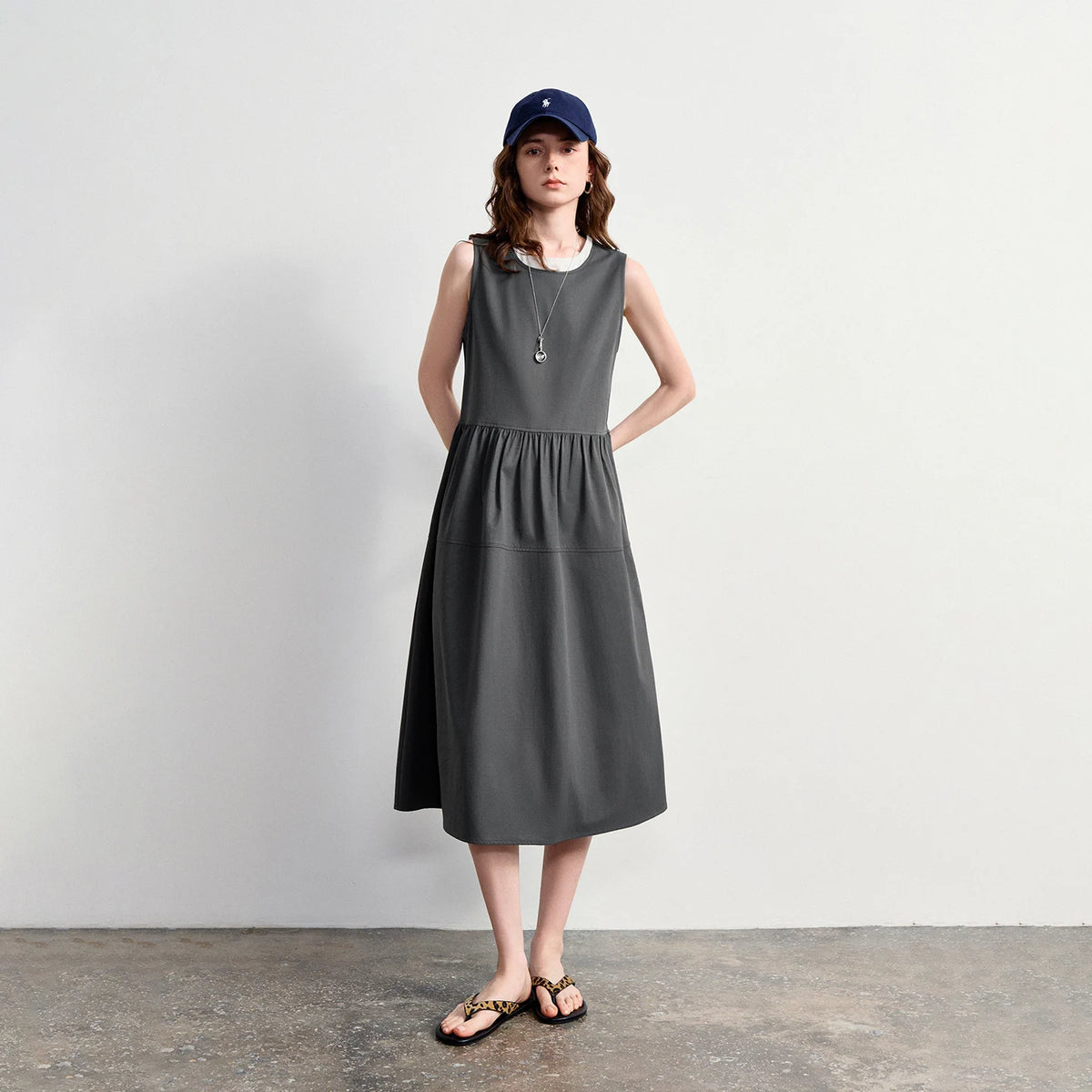 Sleeveless Gathered-Waist Midi Dress