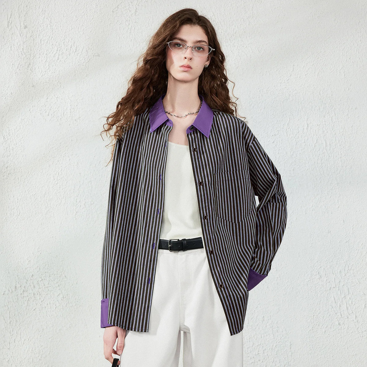 Contrast-Collar Striped Shirt