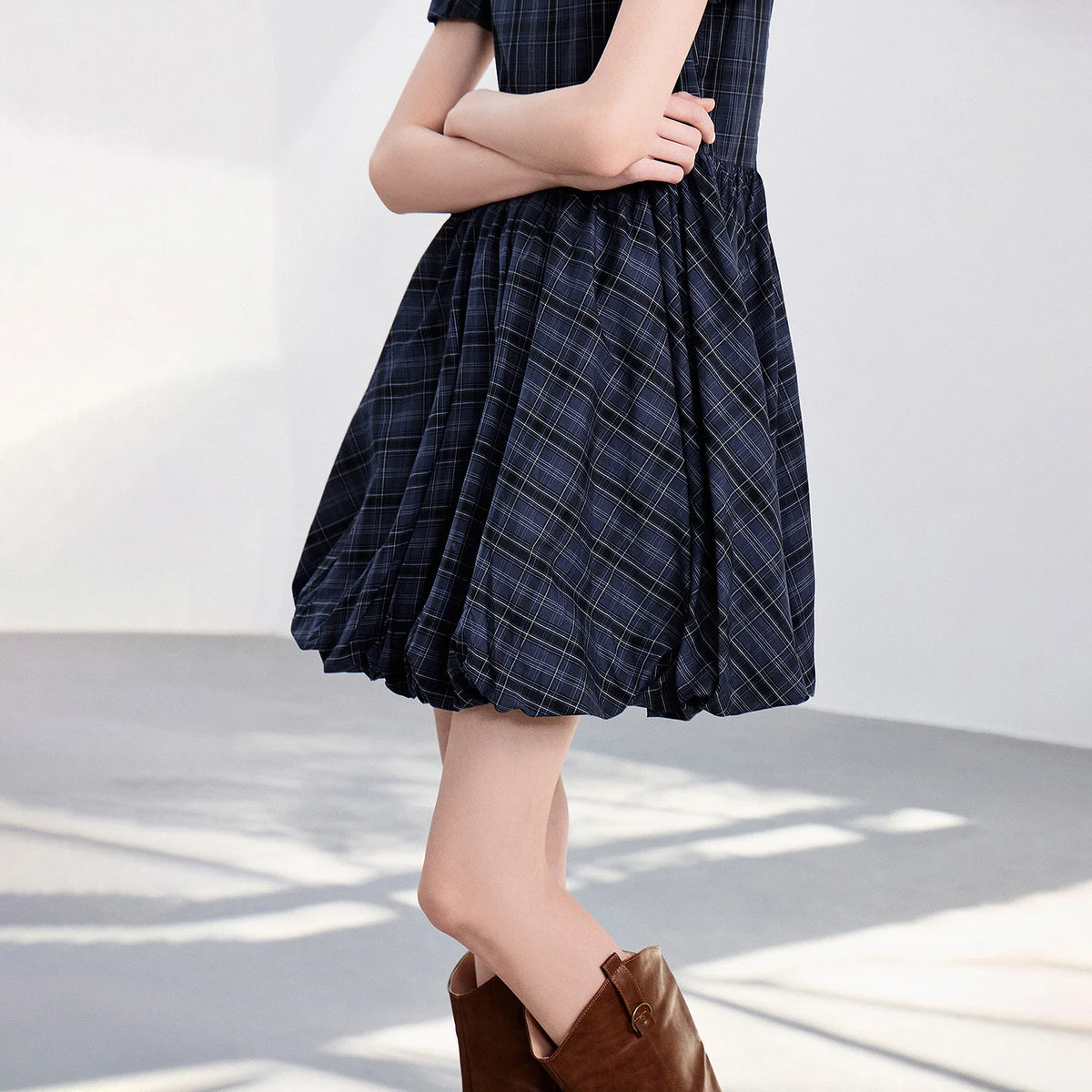 Plaid Puff-Sleeve Mini Dress