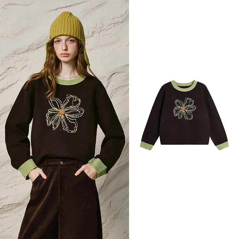 Floral Contrast-Trim Sweater