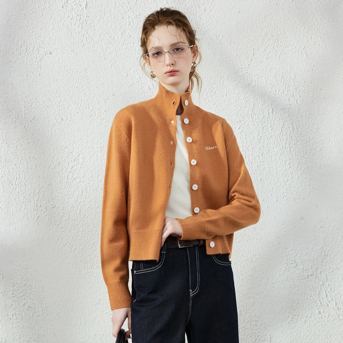 Stand-Collar Button Cardigan