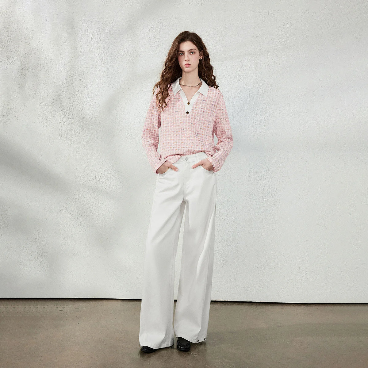 Textured Long-Sleeve Polo Top