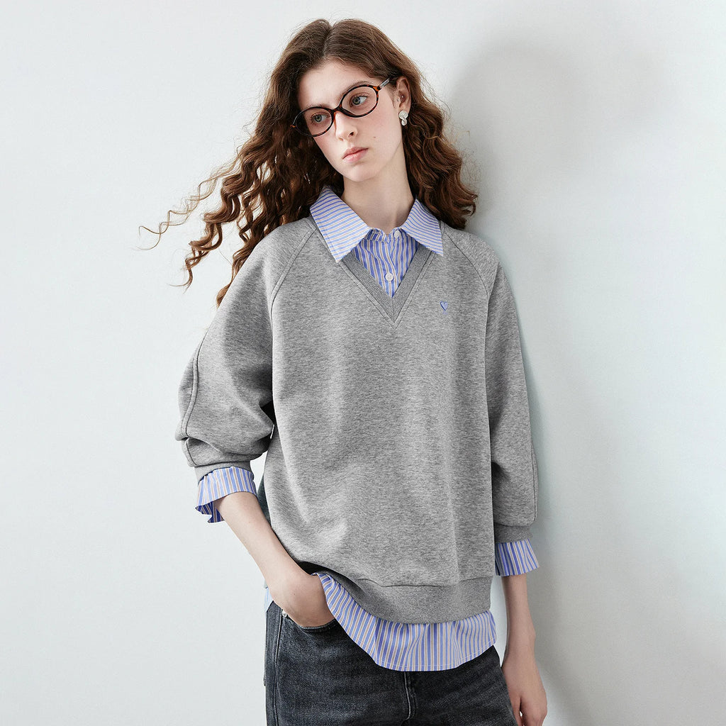 Layered-Look Striped-Collar Sweatshirt
