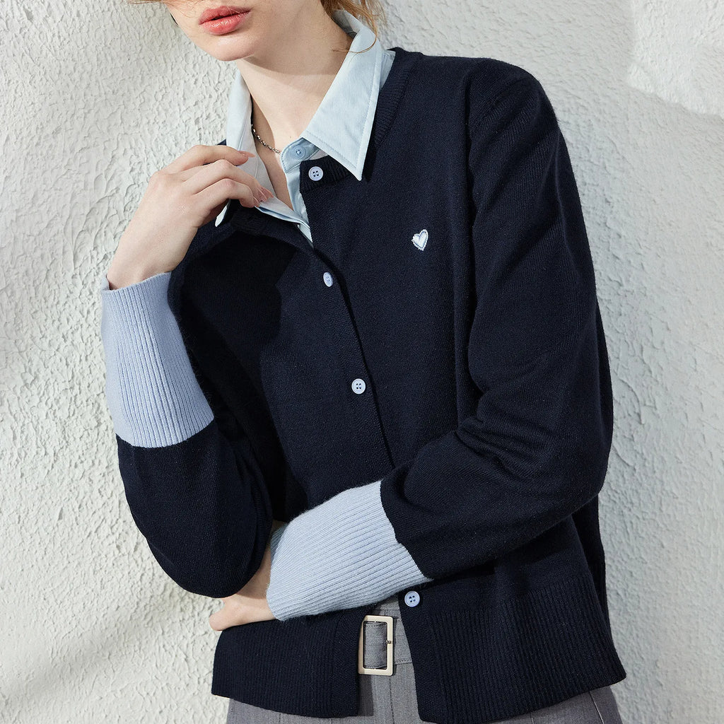 Contrast-Cuff Button-Up Cardigan