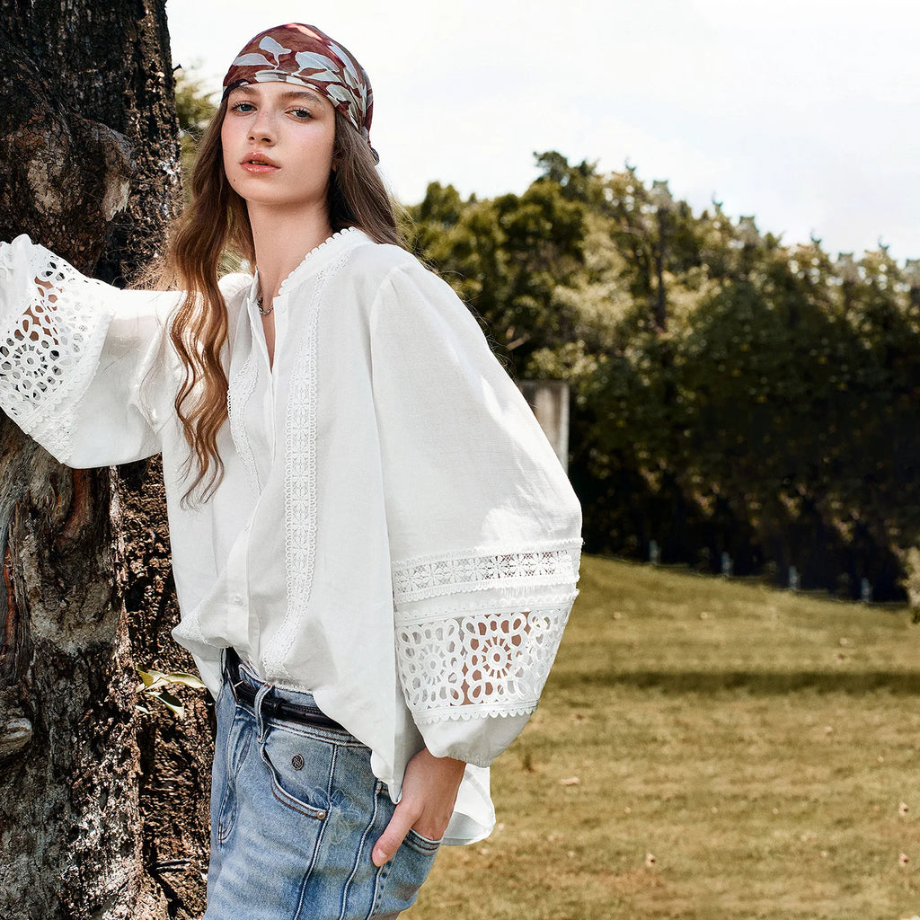 Lace-Trim Balloon-Sleeve Blouse