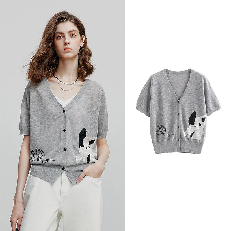 Cat-Motif V-Neck Cardigan