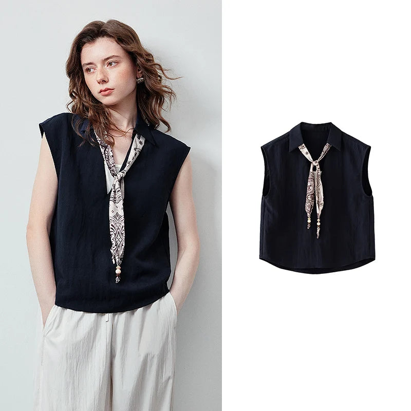Printed-Placket Sleeveless Blouse