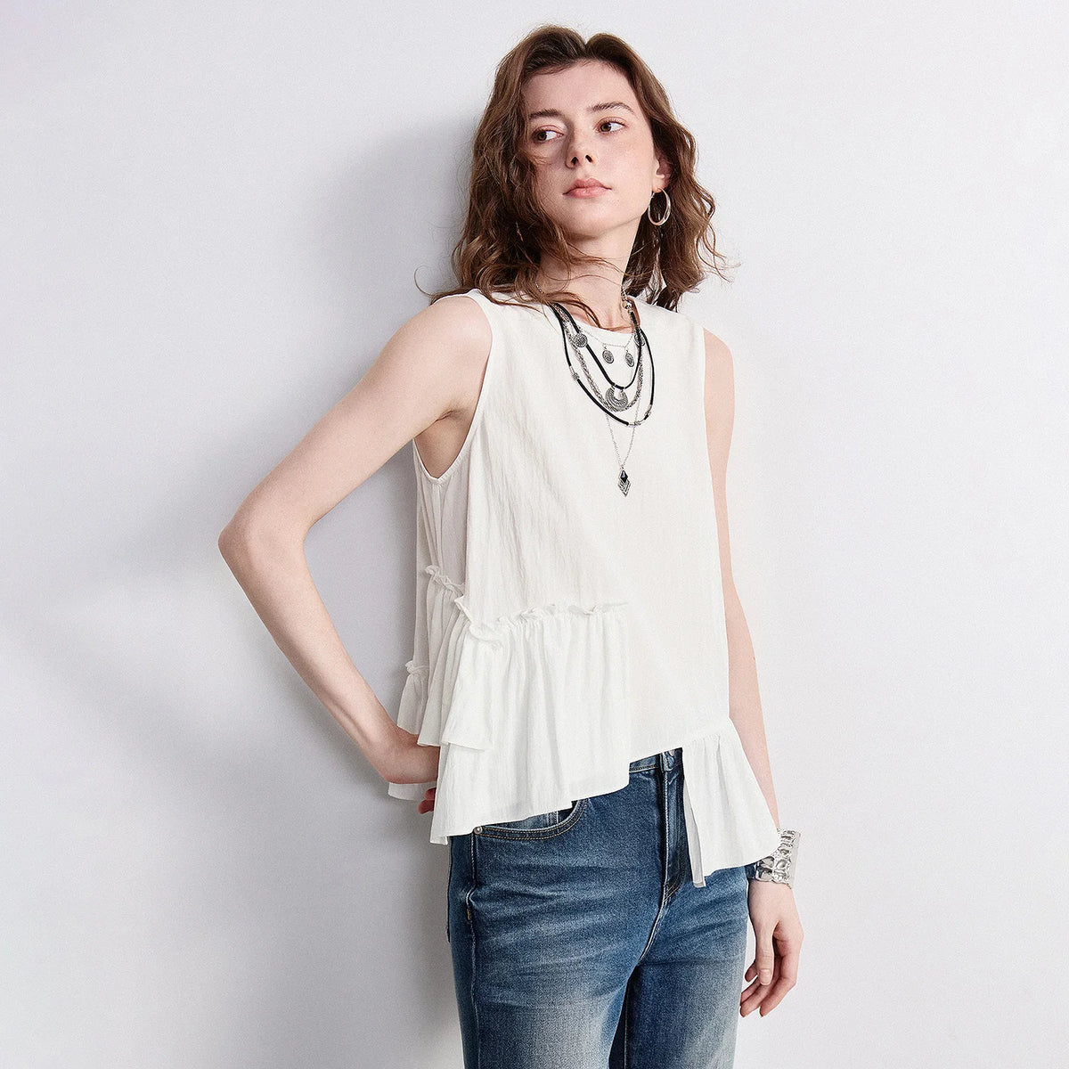 Asymmetric Ruffle-Hem Sleeveless Top