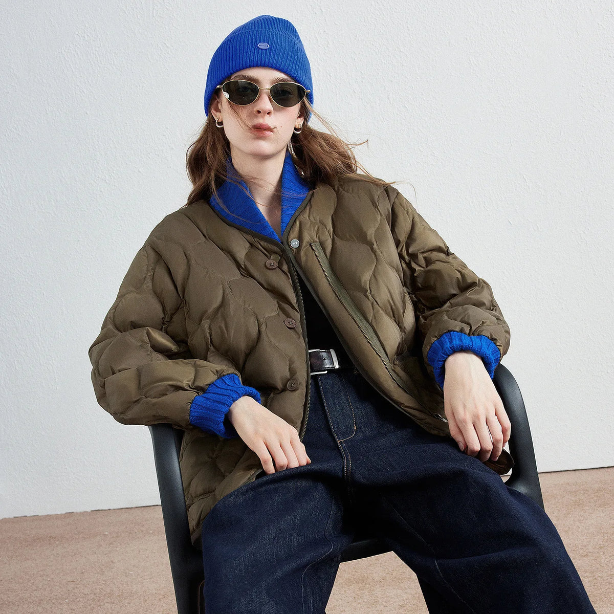 Wave-Quilted Collarless Jacket