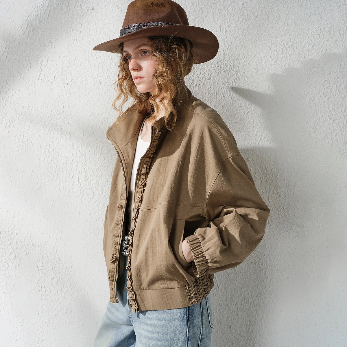 Ruffle-Trim Zip-Up Jacket