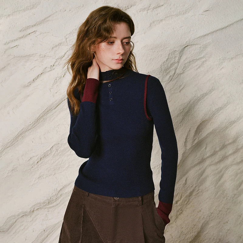 Contrast-Trim Ribbed Knit Henley