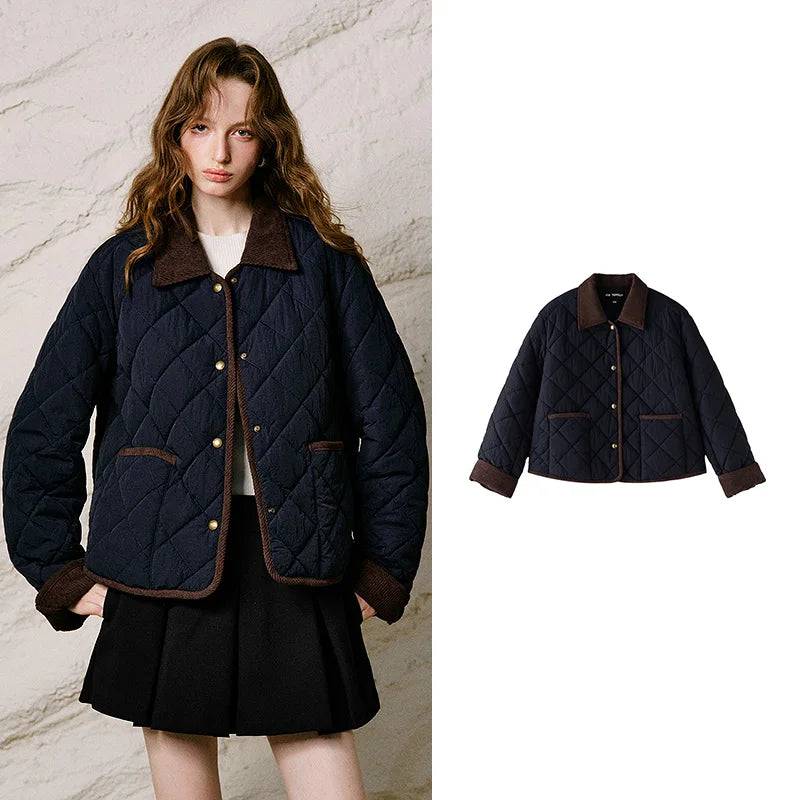 Diamond-Quilted Contrast-Collar Jacket