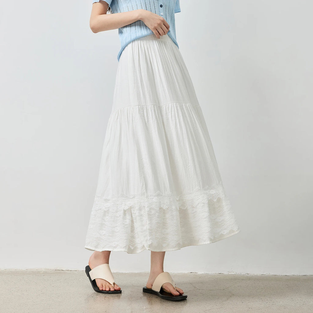 Lace-Trim Gathered Midi Skirt