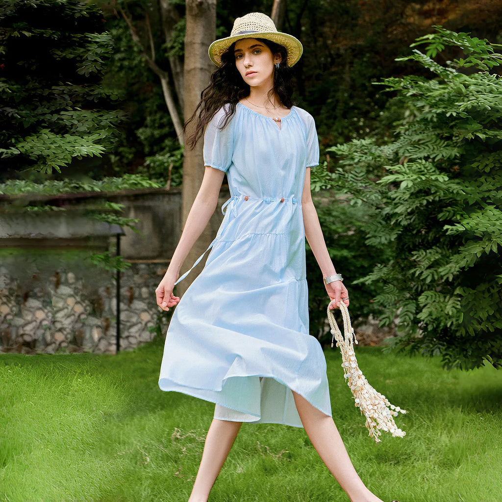 Off-Shoulder Gathered-Waist Midi Dress