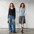 Contrast-Trim V-Neck Long-Sleeve Top