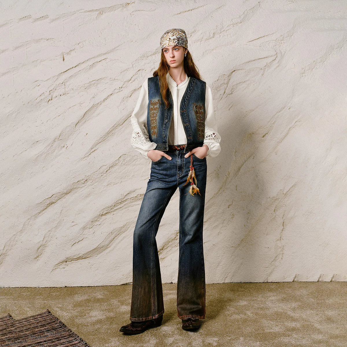 Ornate-Motif Button-Front Denim Vest