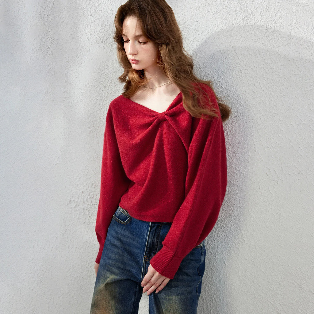 Bow-Detail V-Neck Sweater