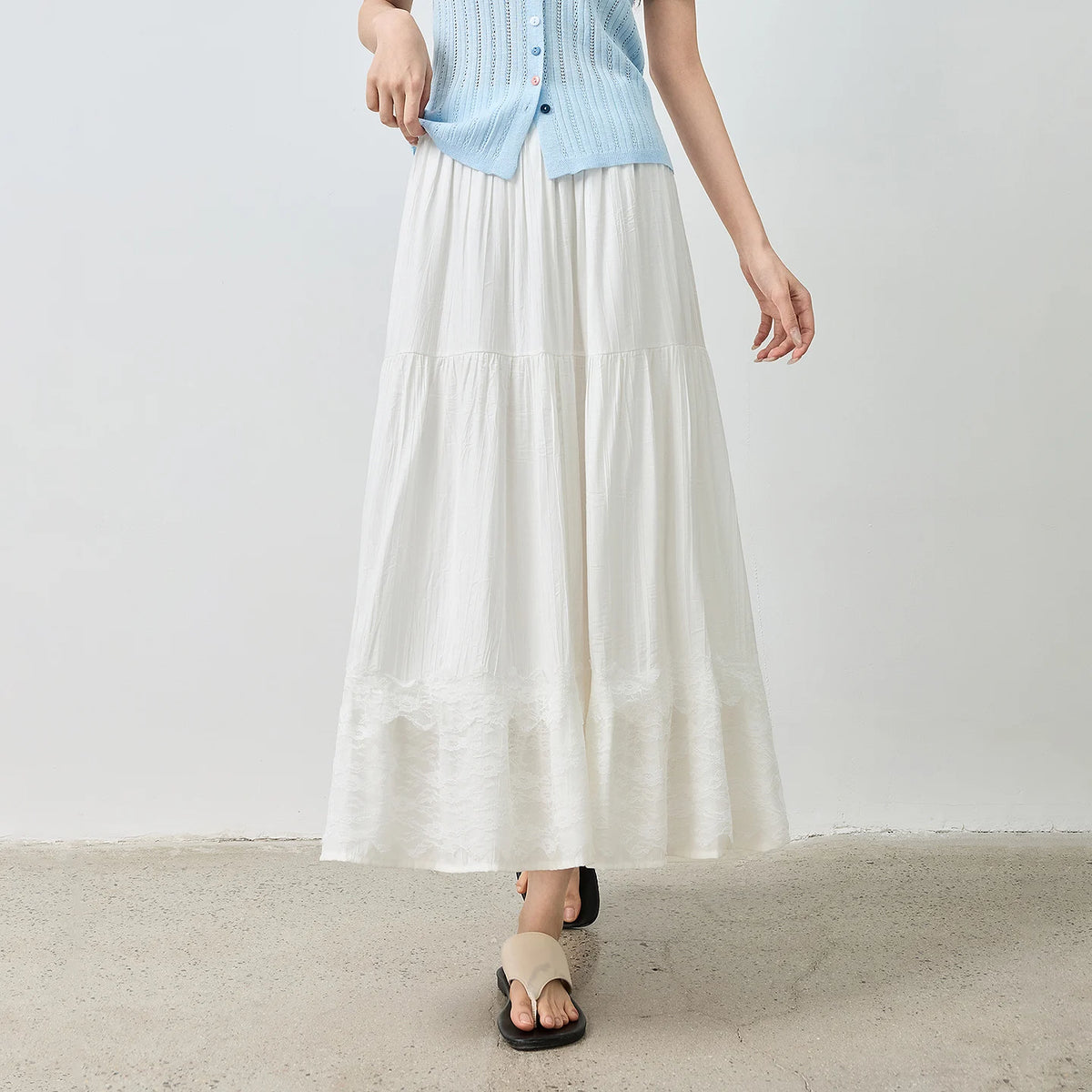Lace-Trim Gathered Midi Skirt