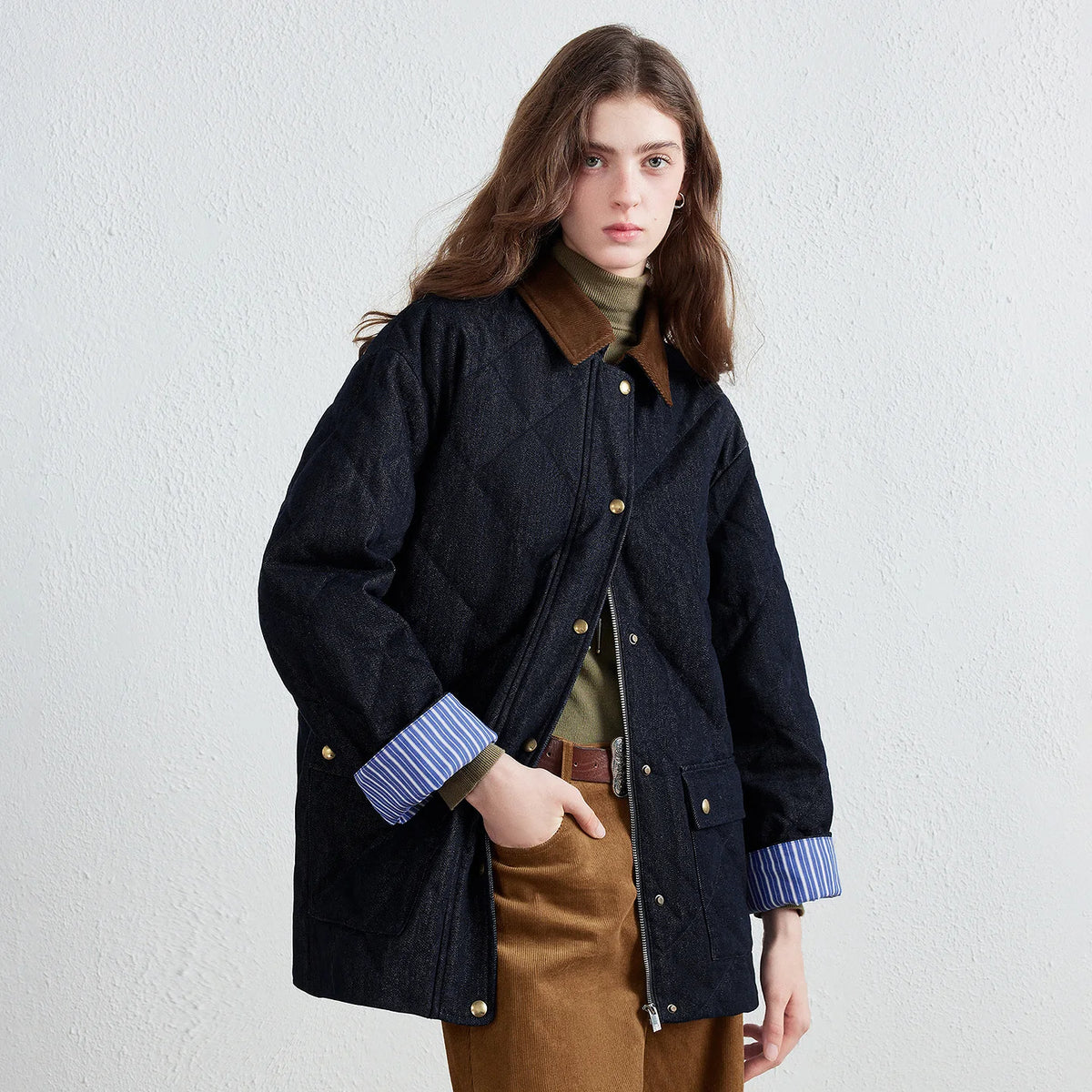 Striped-Cuff Padded Denim Jacket