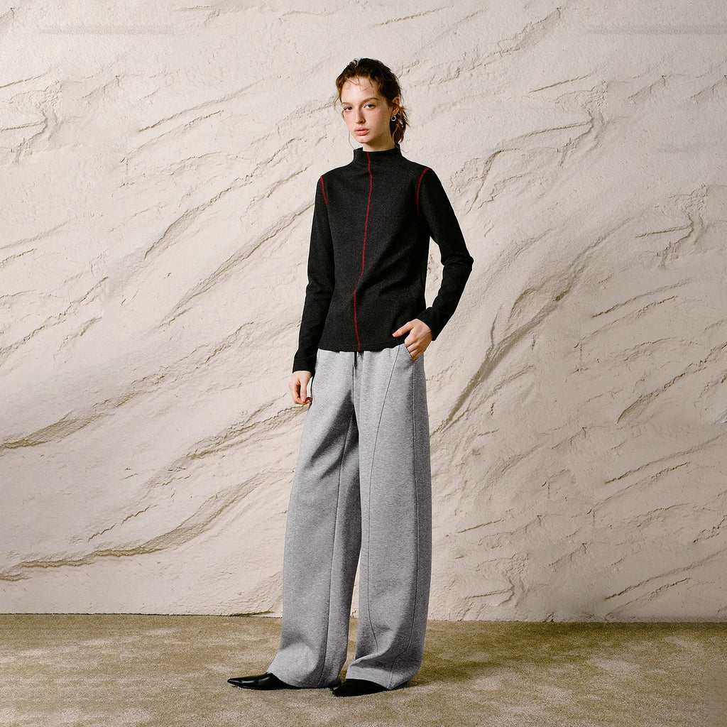 Contrast-Seam Mock-Neck Top