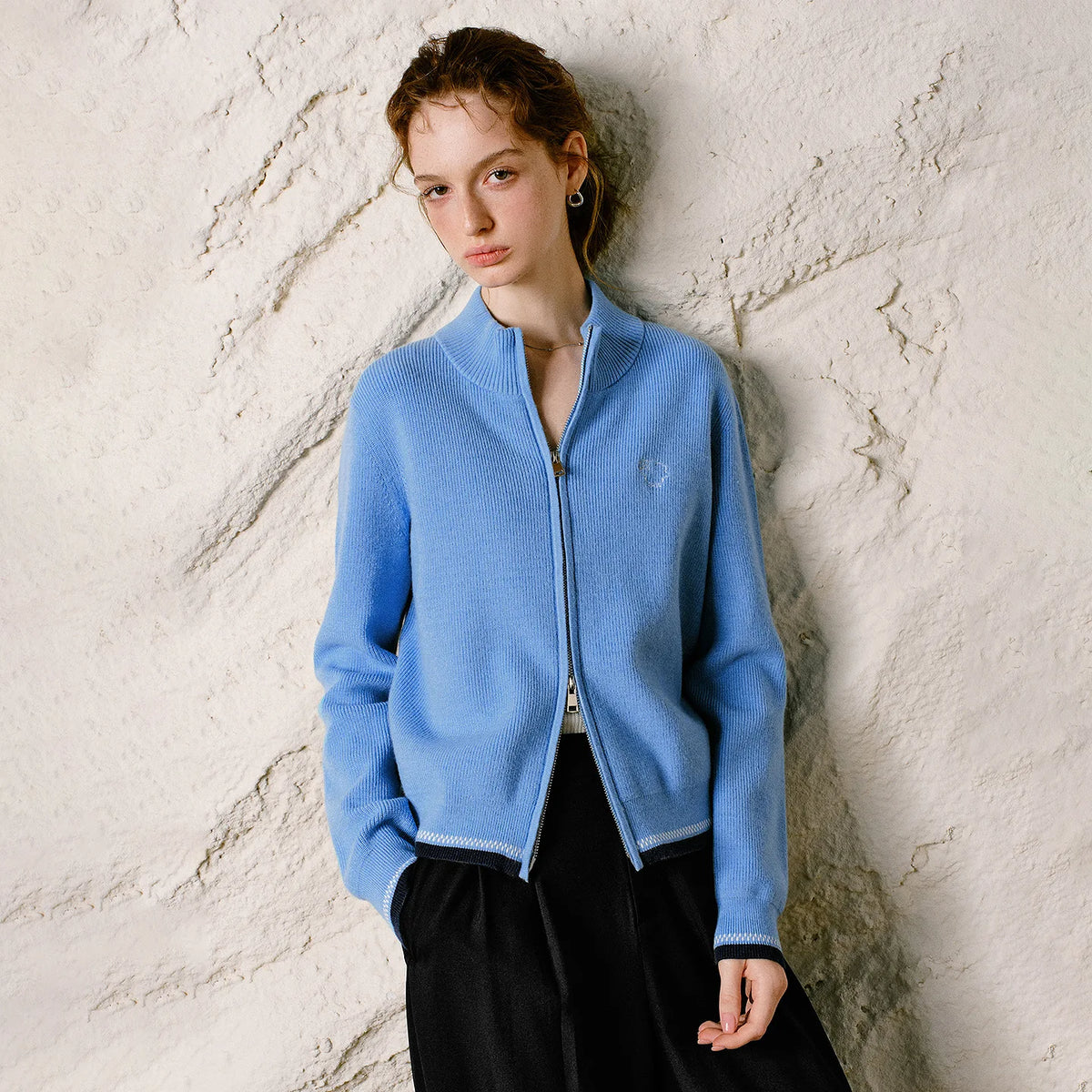 Stand-Collar Zip Knit Cardigan