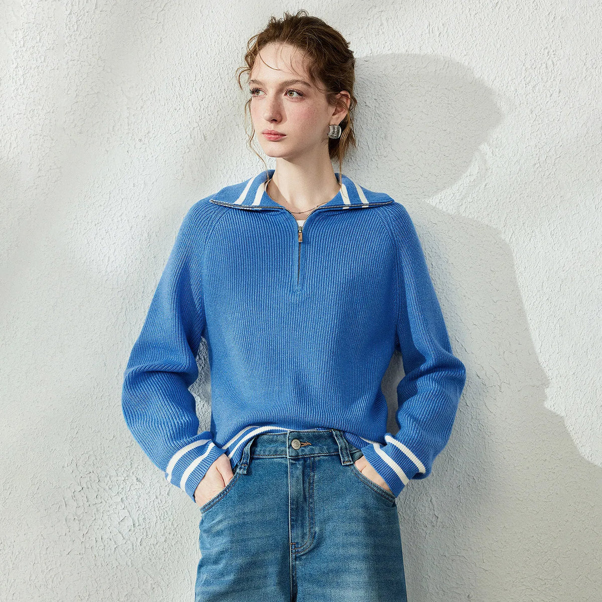 Contrast-Trim Half-Zip Knit Polo