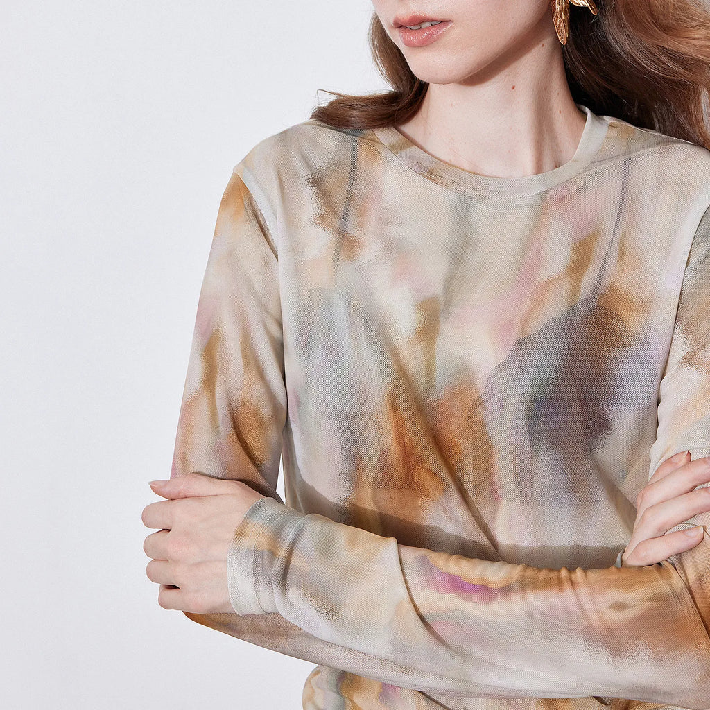 Abstract-Print Sheer Long-Sleeve Top