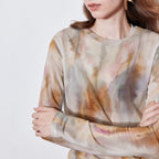 Abstract-Print Sheer Long-Sleeve Top