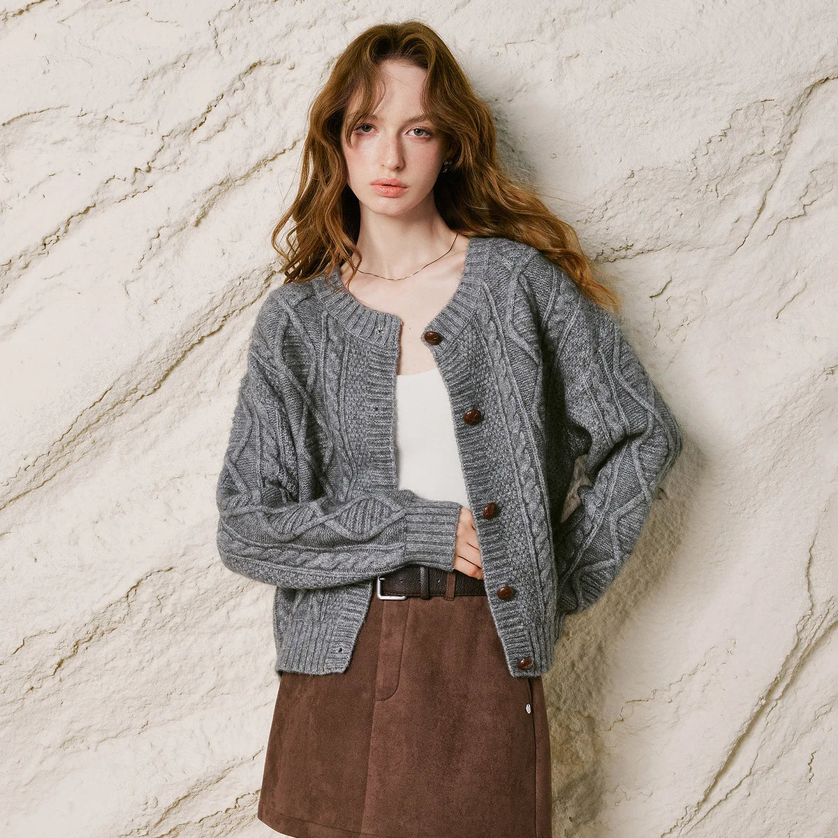 Crewneck Cable-Knit Cardigan
