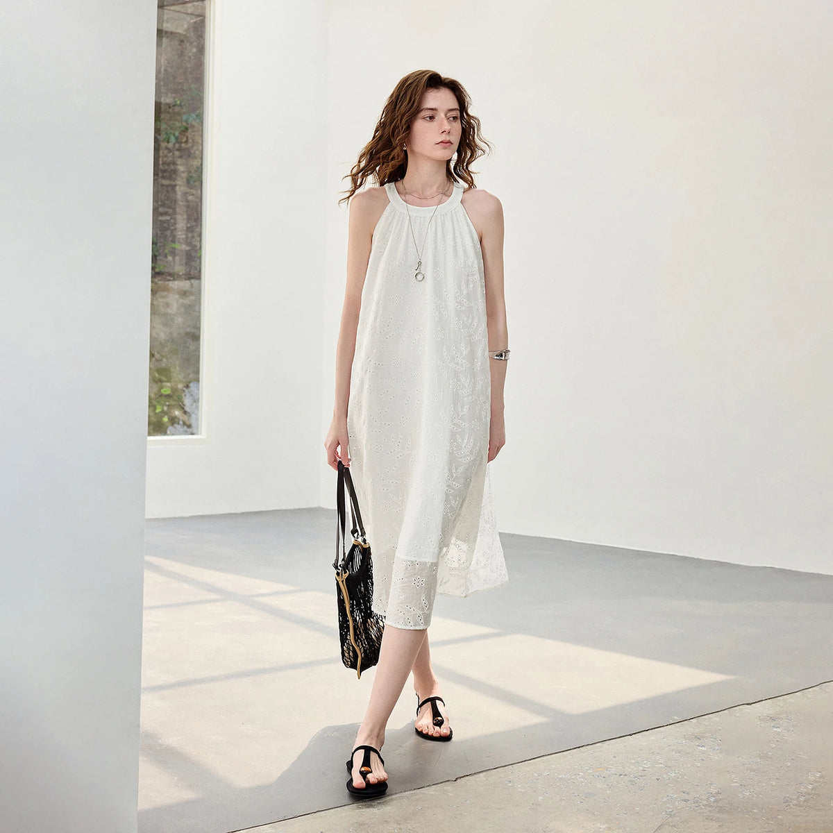 Halter-Neck Eyelet Midi Dress