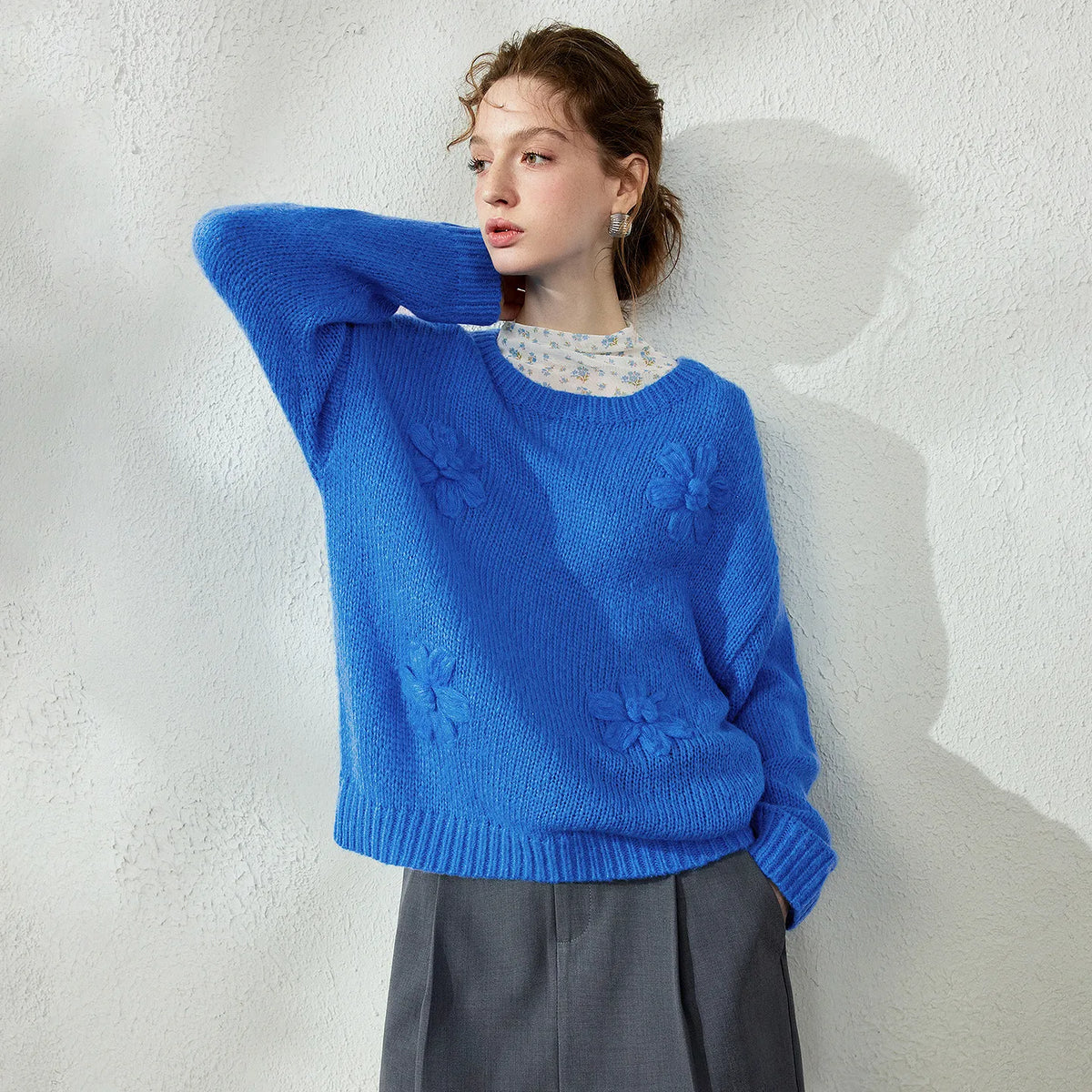 Floral-Texture Crewneck Sweater