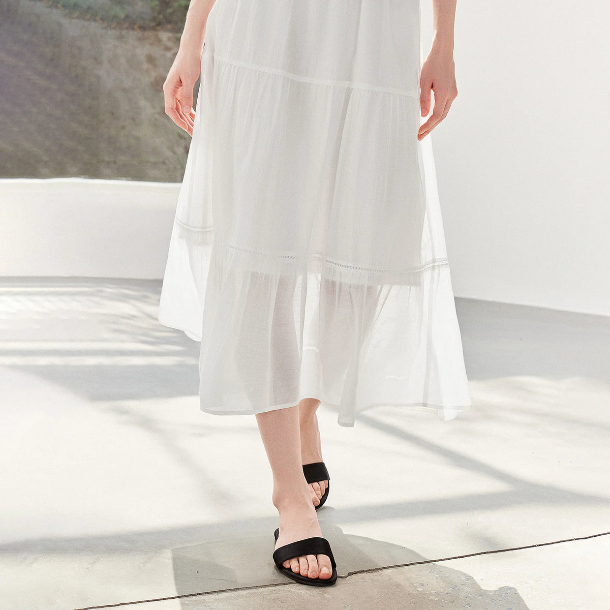 Tiered Elastic-Waist Midi Skirt