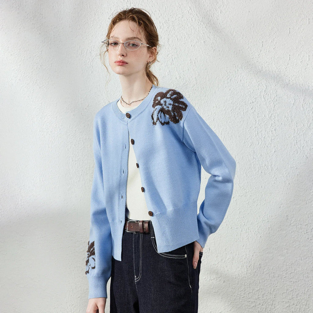 Floral-Motif Crewneck Cardigan