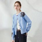 Floral-Motif Crewneck Cardigan