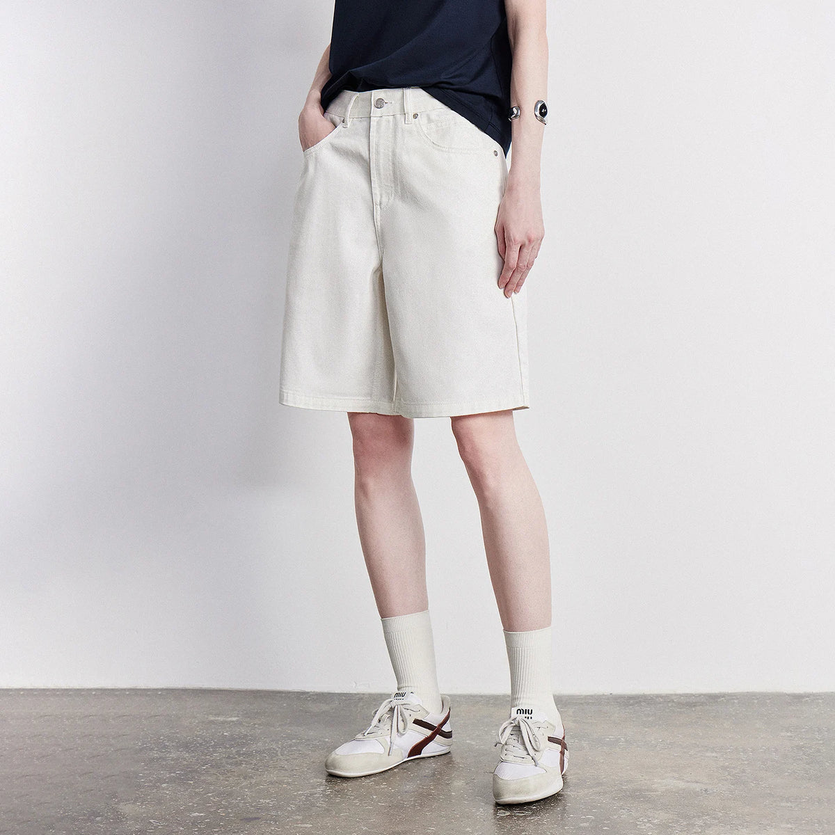 Wide-Leg Denim Bermuda Shorts
