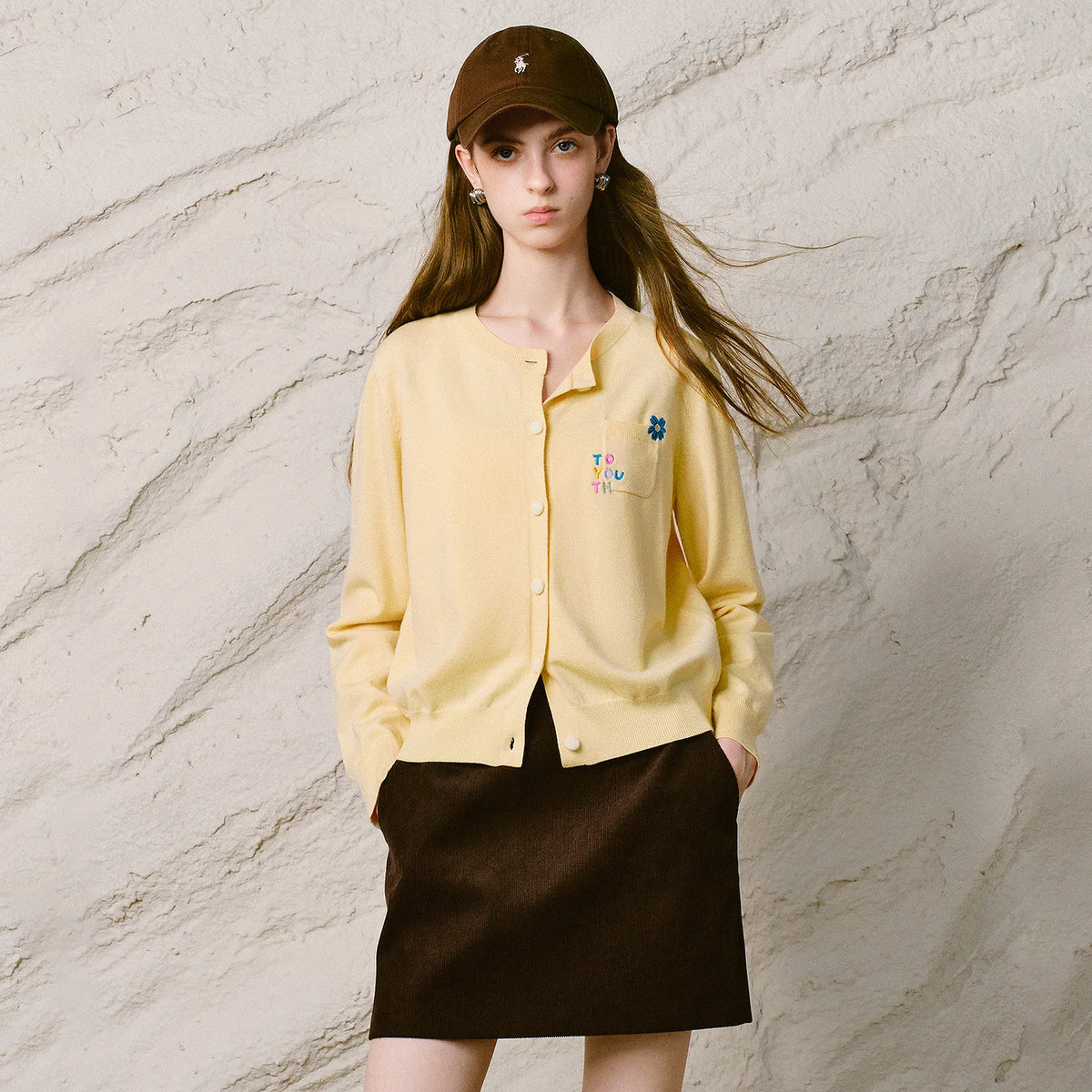 Decorative-Motif Crewneck Knit Cardigan