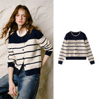 Contrast-Stripe Crewneck Cardigan