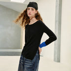 Contrast-Cuff Asymmetric Knit Top