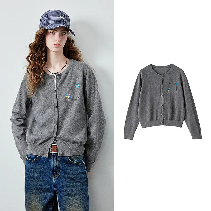 Decorative-Motif Crewneck Knit Cardigan